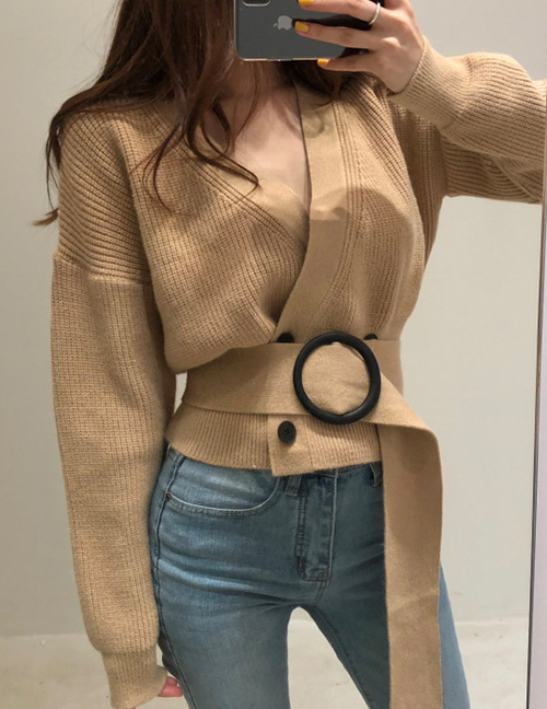 Fashion Khaki Knitted Double-breasted Belted Top