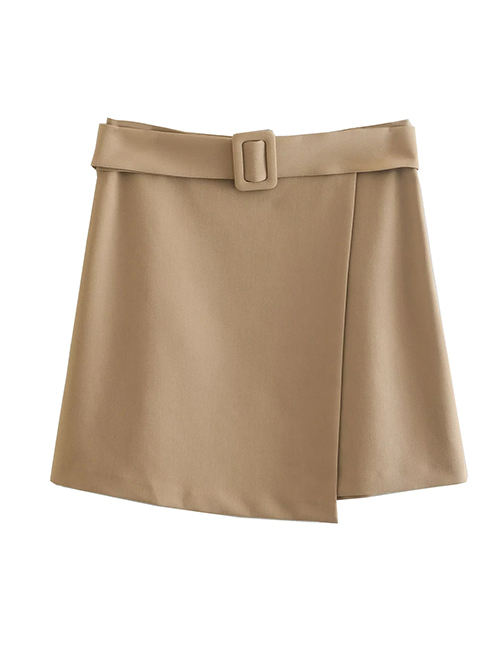 Fashion Khaki Solid Color Belted Irregular Skirt
