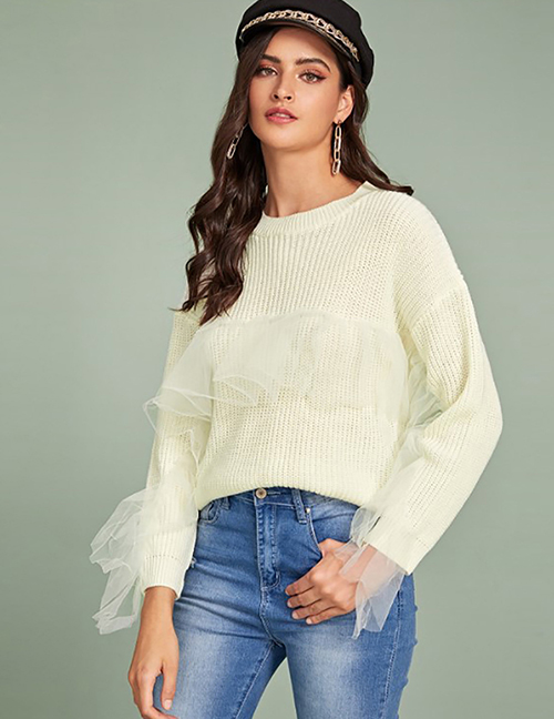 Fashion White Mesh Ruffle-paneled Sweater