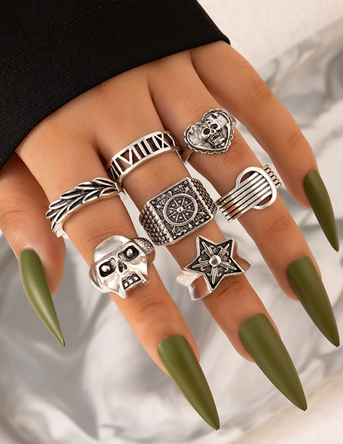 Fashion Silver Alloy Skull Pentagram Heart Halloween Ring Set