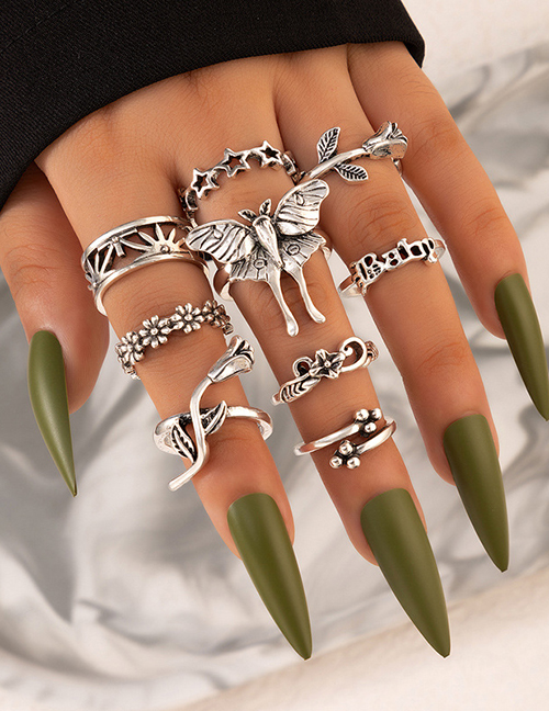 Fashion Silver Alloy Shaped Butterfly Rose Letter Ring Set