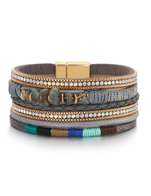 Fashion 6# Leather Irregular Gravel Colorblock Wire Braided Multilayer Bracelet