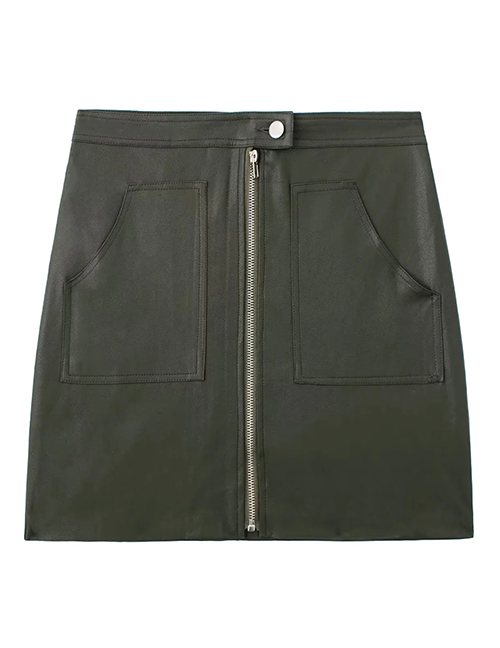 Fashion dark green Pu Zipper Skirt
