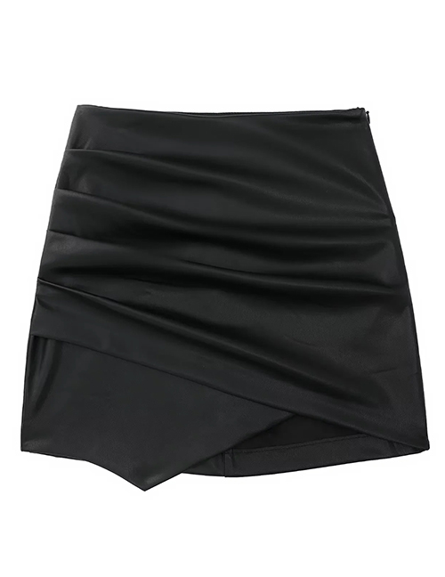 Fashion Black Faux Leather Crinkled Irregular Skirt