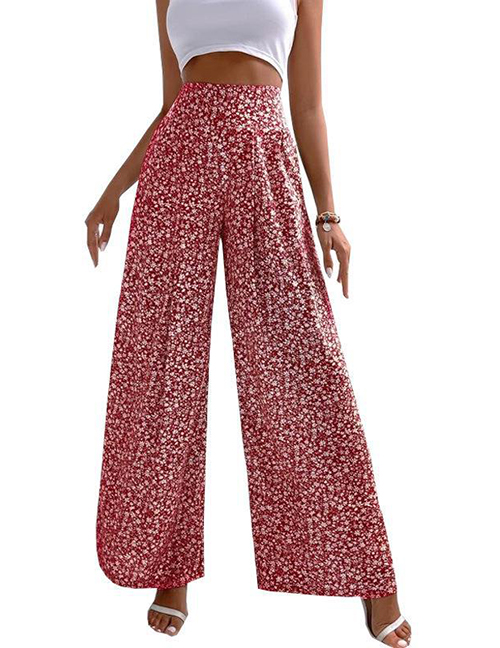 Fashion Red Polyester Floral Wide-leg Trousers