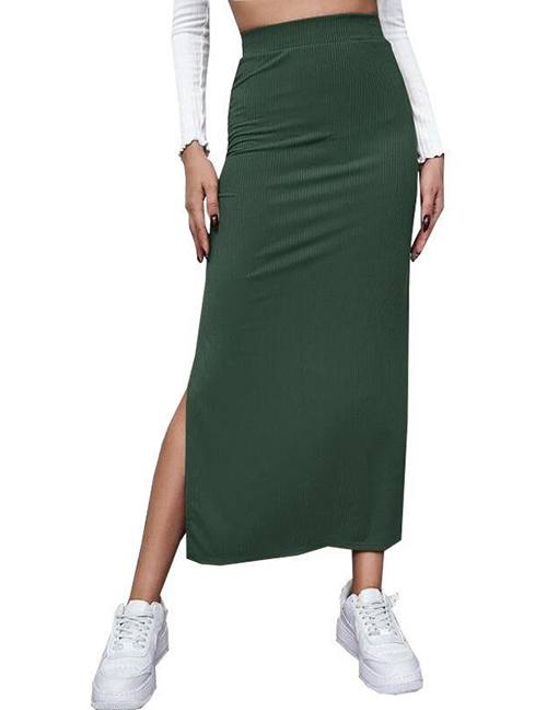 Fashion Green Solid Color Slit Skirt