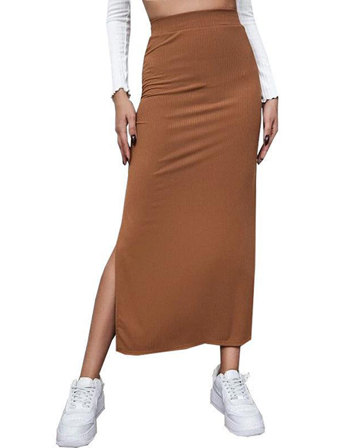 Fashion Brown Solid Color Slit Skirt