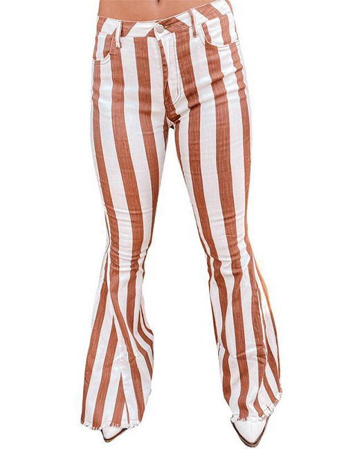 Fashion Brown Polyester Striped Flared Trousers