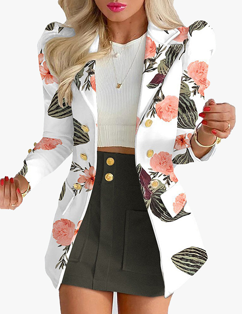 Fashion White Flowers And Black Skirt Polyester Print Double Breasted Pocket Lapel Blazer Skirt Set