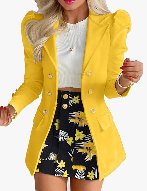 Fashion Yellow Polyester Double-breasted Pocket Lapel Blazer Skirt Set