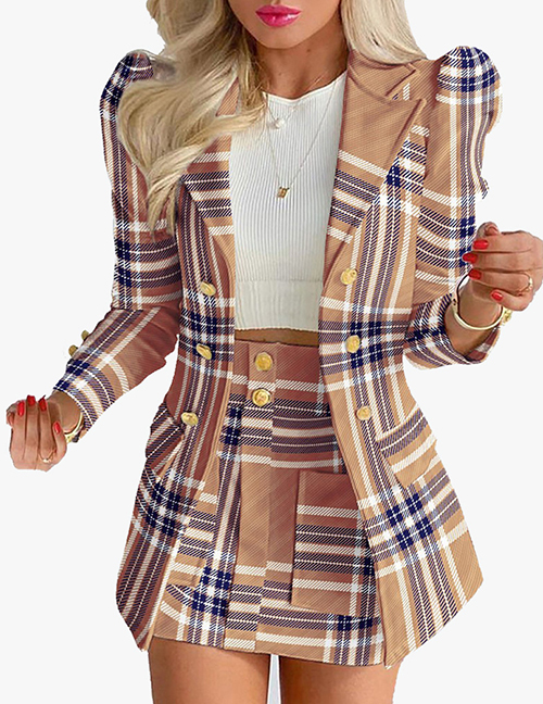 Fashion Khaki Plaid Polyester Check Double Breasted Pocket Lapel Blazer Skirt Set
