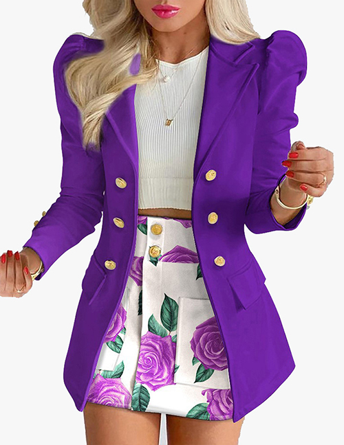 Fashion Purple Polyester Double-breasted Pocket Lapel Blazer Skirt Set