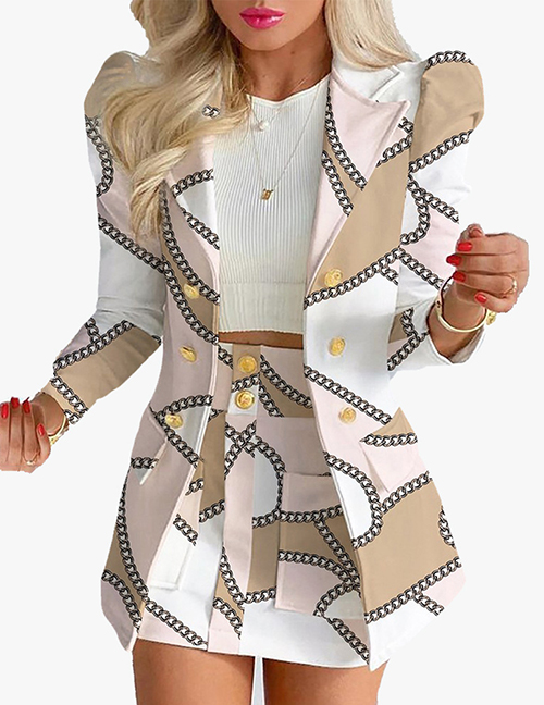 Fashion White Chain Dress Polyester Print Double Breasted Pocket Lapel Blazer Skirt Set