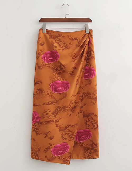 Fashion Orange Base Pink Flower Printed Drawstring Skirt