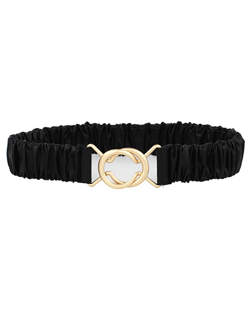 Fashion Black Pleated Wide Belt With Fabric Metal Buckle