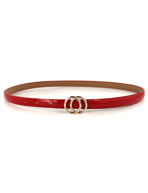 Fashion Red Leather Double Round Buckle Thin Belt