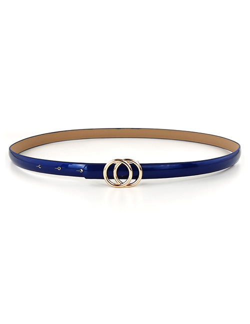 Fashion Blue Leather Double Round Buckle Thin Belt