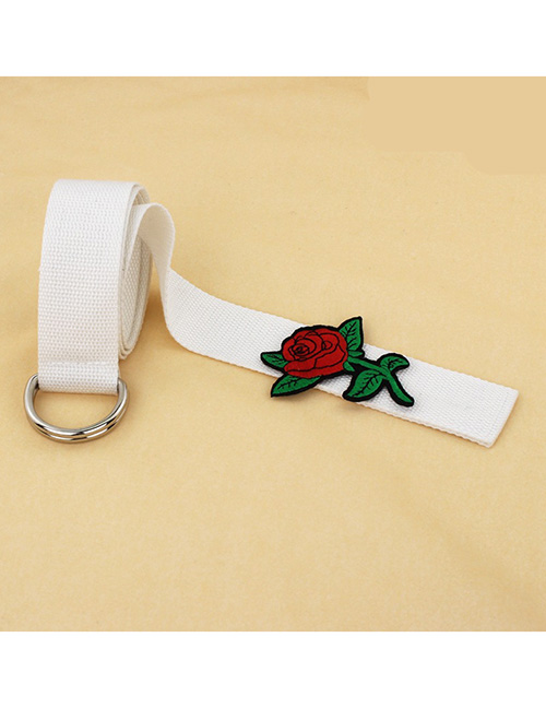 Fashion White Double-ring Buckle Belt In Rose Canvas