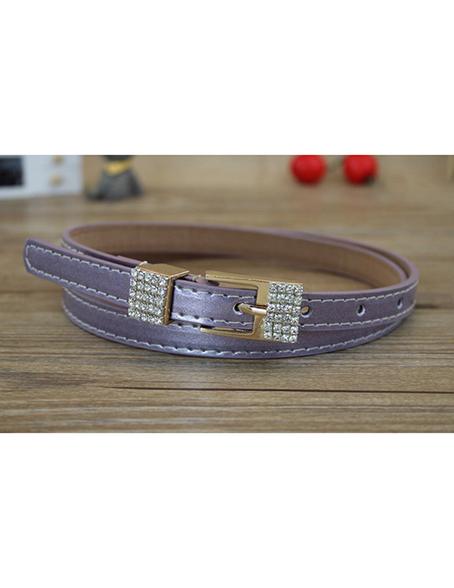 Fashion Purple Faux Leather Diamond Metal Buckle Thin Belt