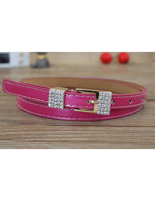 Fashion Plum Red Faux Leather Diamond Metal Buckle Thin Belt