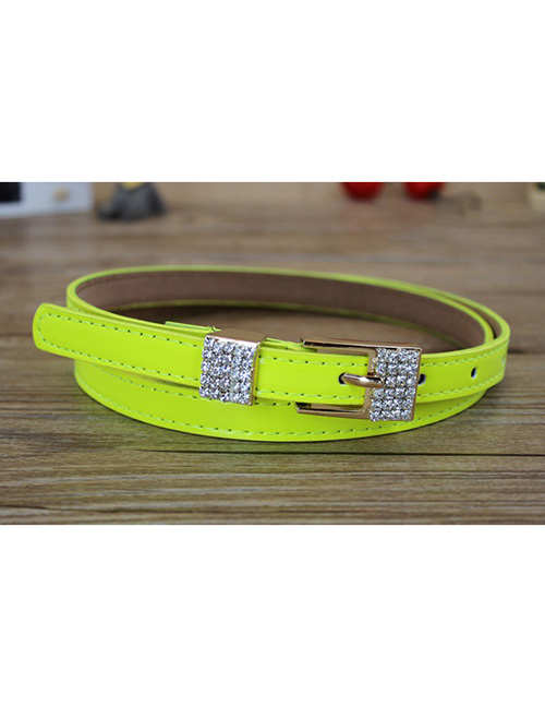 Fashion Fluorescent Yellow Faux Leather Diamond Metal Buckle Thin Belt