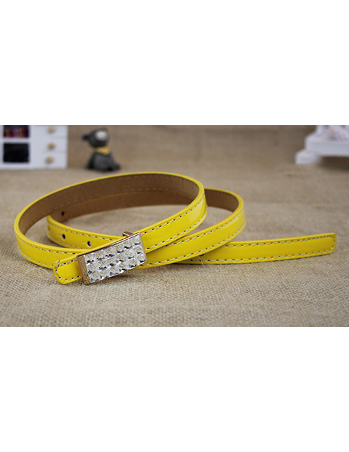 Fashion Yellow Faux Leather Diamond Metal Buckle Thin Belt