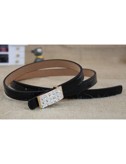 Fashion Black Faux Leather Diamond Metal Buckle Thin Belt