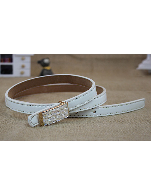 Fashion White Faux Leather Diamond Metal Buckle Thin Belt