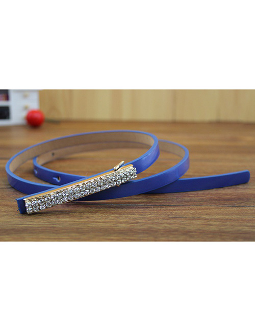 Fashion Blue Faux Leather Diamond Metal Buckle Thin Belt