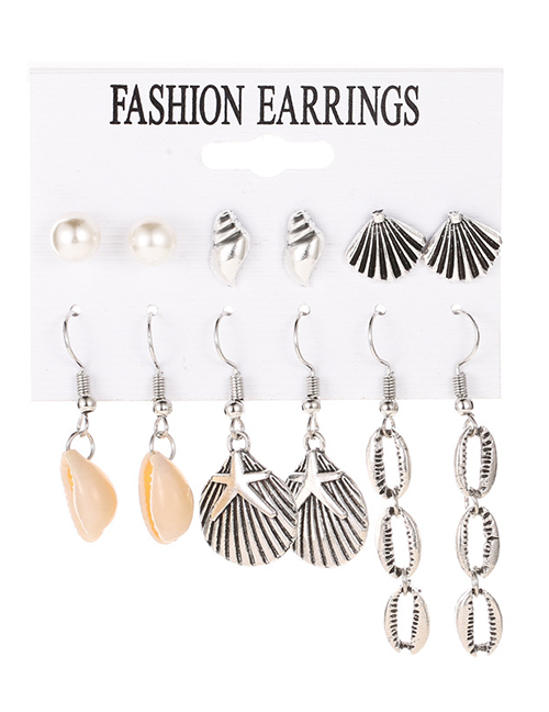 Fashion Silver Alloy Geometric Ocean Shell Earrings Set