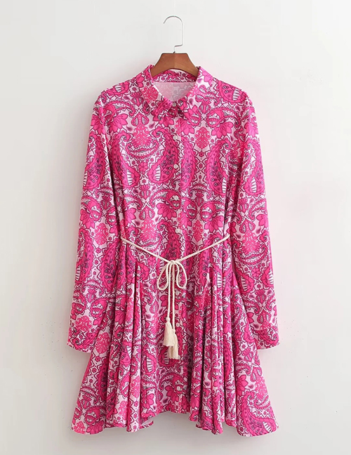 Fashion Pink Flower Satin-print Lapel-breasted Dress