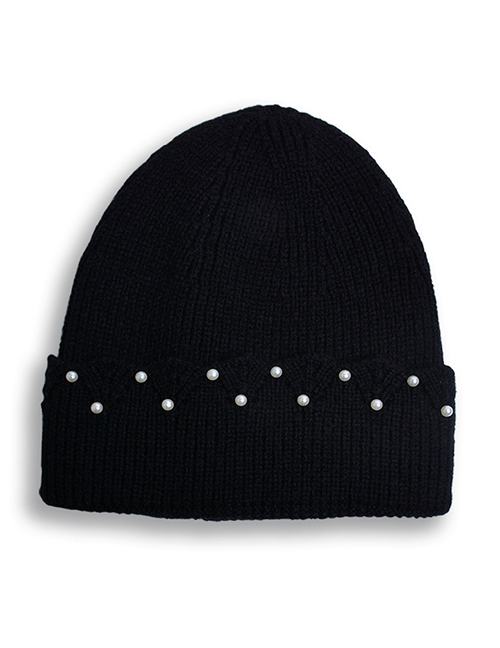 Fashion Black Wool Knitted Pearl Rolled Hood