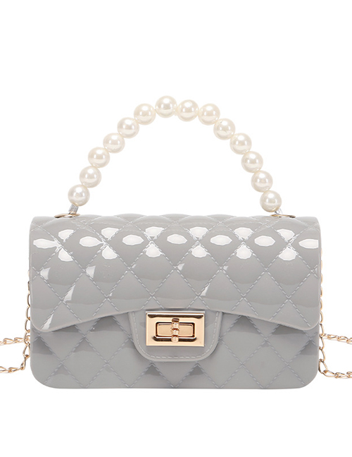 Fashion Pearl Grey Pvc Diamond Lock Flap Pearl Hand Messenger Bag