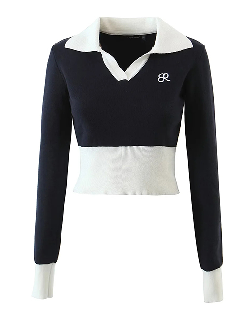Fashion Navy Blue Letter Embroidered Lapel Sweater