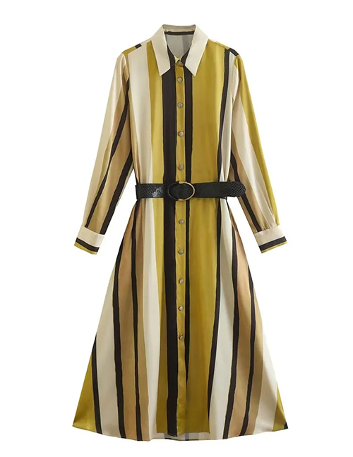 Fashion Yellow Striped Belted Lapel Breasted Dress