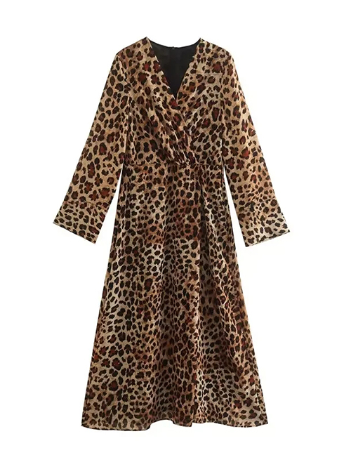 Fashion Leopard Print Blend Leopard V-neck Dress