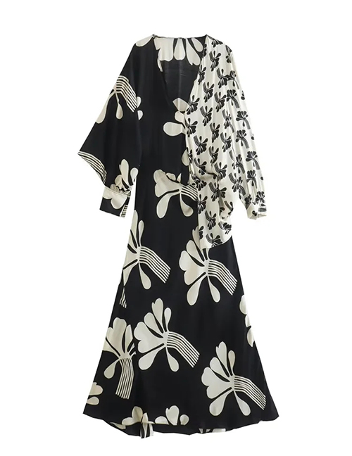 Fashion Black And White Polyester Print V-neck Dress