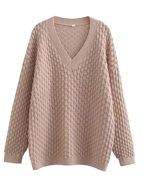 Fashion Khaki Polyester V-neck Knit Sweater