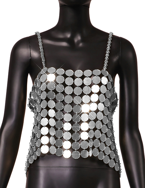 Fashion Silver Geometric Sequin Panel Metal Chain Tank Top