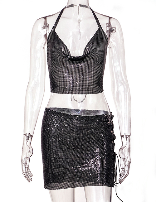 Fashion Black Metal Sequin Lace-up Slip Skirt Set