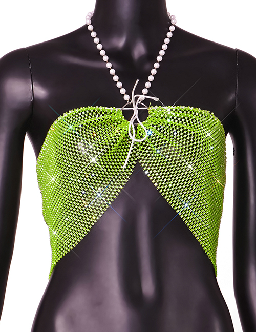 Fashion Fluorescent Green Pearl Halter And Diamond Lace-up Tank Top