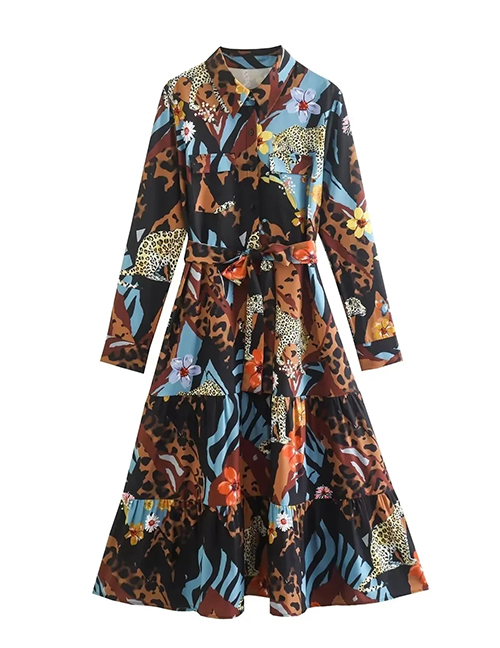 Fashion Color Printed Lapel Dress