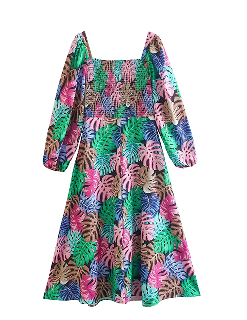 Fashion Color Printed Sleeve Square Neck Dress