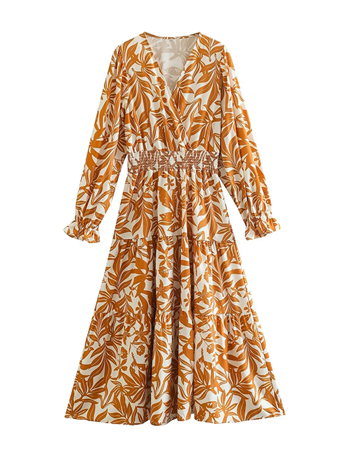 Fashion Orange Woven Print V-neck Dress
