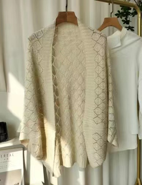 Fashion [beige] Hollow Knit Cardigan Shawl Wool Knitted Cutout Cardigan