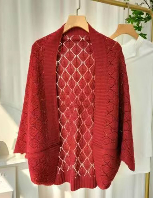 Fashion [red] Hollow Knit Cardigan Shawl Wool Knitted Cutout Cardigan