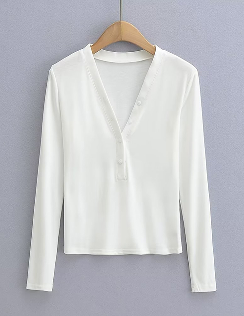 Fashion White Polyester V-neck Button-up Top