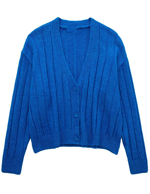 Fashion Blue V-neck Single-breasted Sweater Coat