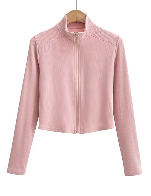 Fashion Pink Polyester Stand Collar Zip Cardigan