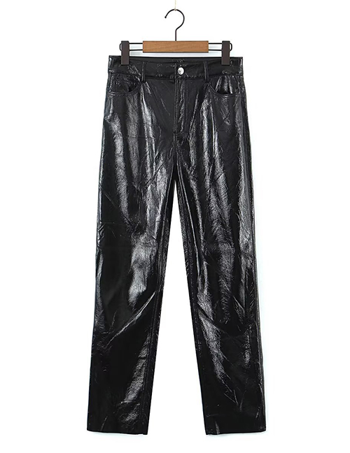 Fashion Black Polyester Shiny Straight Trousers